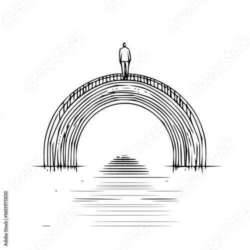A lone figure stands atop an arched bridge overlooking water with reflections in a monochrome drawing style