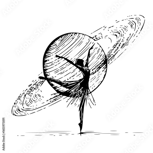 Silhouette of a ballerina in a dance pose with a ringed planet in the background in black and white style