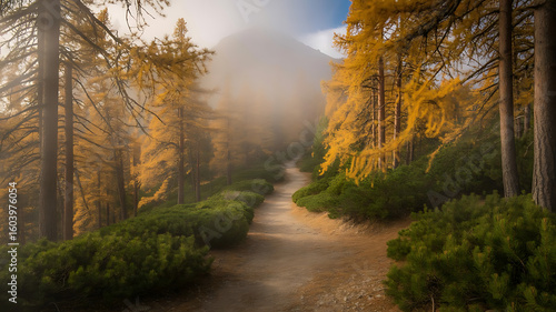 Serene Mountain Path in Autumn Forest with Colorful Foliage and Majestic Peaks - Perfect for Nature, Travel, and Landscape Photography