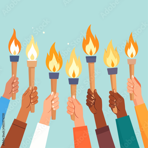 Diverse hands holding lit torches raised against a light blue background.
