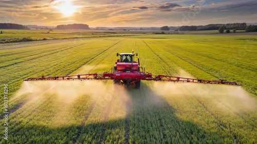 Efficient Agriculture: Aerial View of Tractor Spraying Fertilizer Over Lush Green Farmland at Sunset