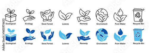 Nature Conservation Icons: Ecology, Water, Forest, Recycle 