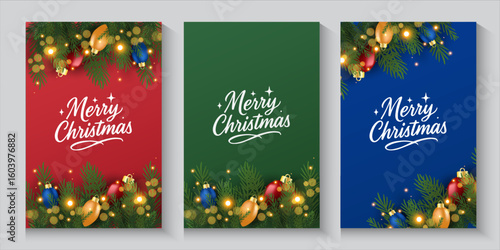 Christmas banner and poster with fir branches confetti and sparkles of gold lights blur bokeh on red, green, blue background. Bright merry Christmas and New Year cards, flayer set design holiday frame