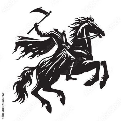 The silent hunter of Sleepy Hollow – Headless Horseman silhouette defined in menacing Headless Horseman vector – Headless Horseman illustration – Halloween silhouette

