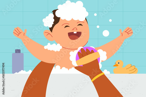 A joyful baby enjoys a bubble bath, lovingly washed by a parent’s caring hands.