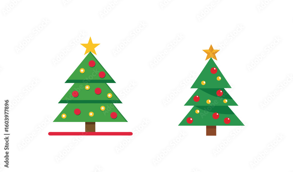 Obraz premium Two stylized christmas trees with ornaments and star toppers