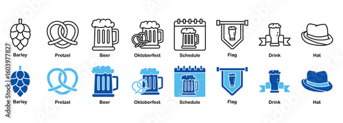 Oktoberfest Celebration & Beer Festival Icon Set - Outline and Duotone 