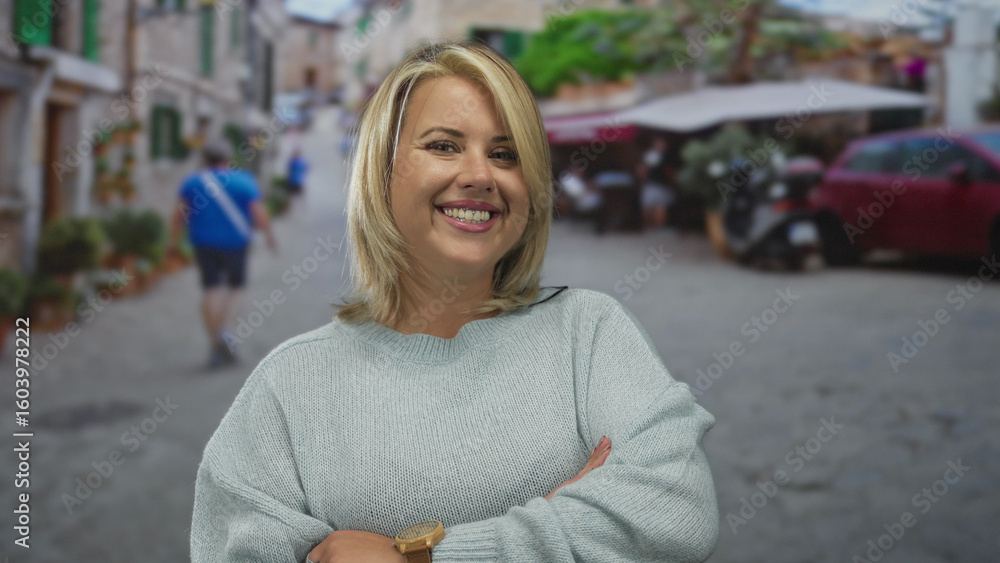 Fototapeta premium Woman with arms crossed and raised brow smiles while standing on narrow cobblestone street in city; rejection denial defiance doubt.