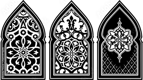 Three arched windows displaying intricate floral and geometric patterns in black and white design style