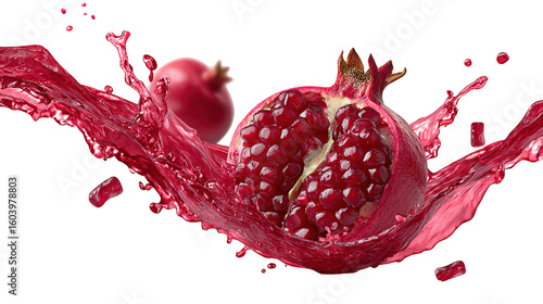 A whole pomegranate and a half on a light wooden surface. Top view.