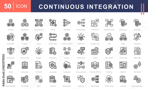 Continuous Integration icon set covering build pipelines, version control, testing stages, CI/CD workflows, automation, and secure deployment. Ideal for DevOps, software, and engineering tools.