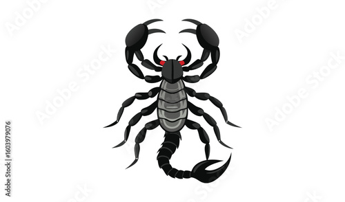 Stylized black scorpion with red eyes and raised claws