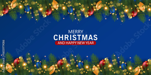 Christmas banner and poster with fir branches confetti and sparkles of gold lights blur bokeh on red, green, blue background. Bright merry Christmas and New Year cards, flayer set design holiday frame