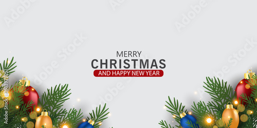 Christmas banner and poster with fir branches confetti and sparkles of gold lights blur bokeh on red, green, blue background. Bright merry Christmas and New Year cards, flayer set design holiday frame
