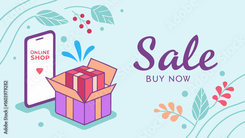 Online shopping sale promotion with delivery box and modern floral accents, perfect for seasonal campaigns and advertising needs