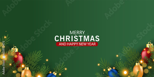 Christmas banner and poster with fir branches confetti and sparkles of gold lights blur bokeh on red, green, blue background. Bright merry Christmas and New Year cards, flayer set design holiday frame