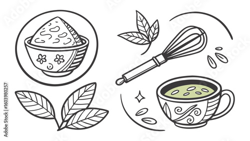 Enjoy a comforting cup of matcha tea, freshly prepared with a whisk for a calming and flavorful beverage experience