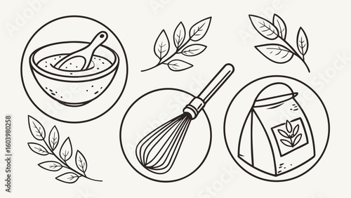 Hand drawn spa set with herbs and essential oil for natural wellness and aromatherapy treatments in skincare and beauty
