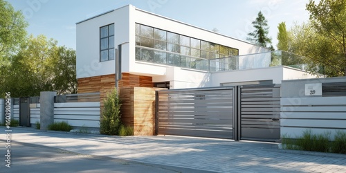 Modern house with a large white and wooden gate, a fence for a car parking lot in front of the modern home, glass windows on the top floor,
