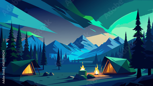 Vector art of a mountain campsite under the northern lights with glowing tents and pine silhouettes