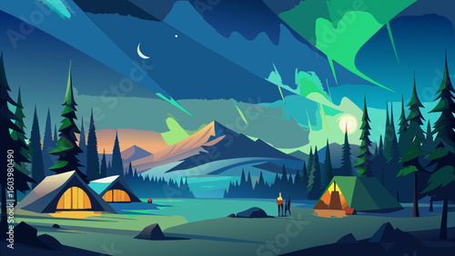Vector art of a mountain campsite under the northern lights with glowing tents and pine silhouettes
