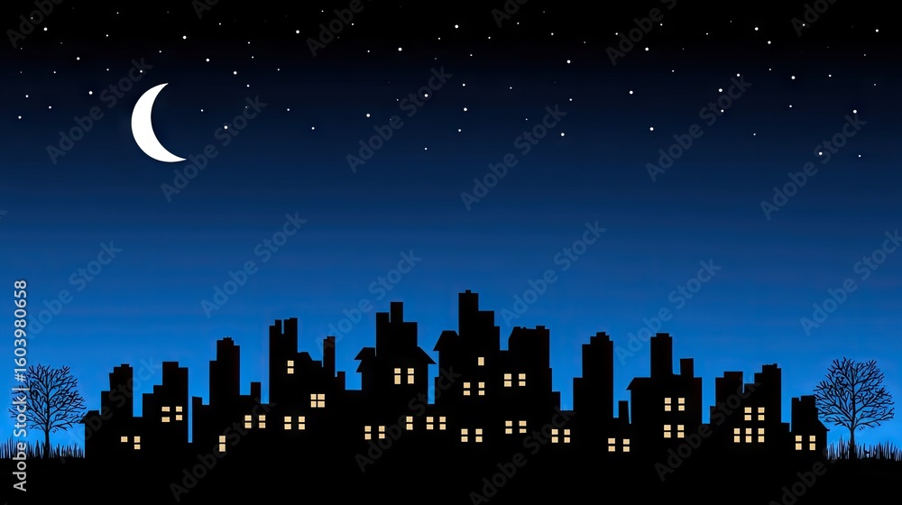 Fototapeta premium Cityscape Silhouette at Night with Moon and Stars