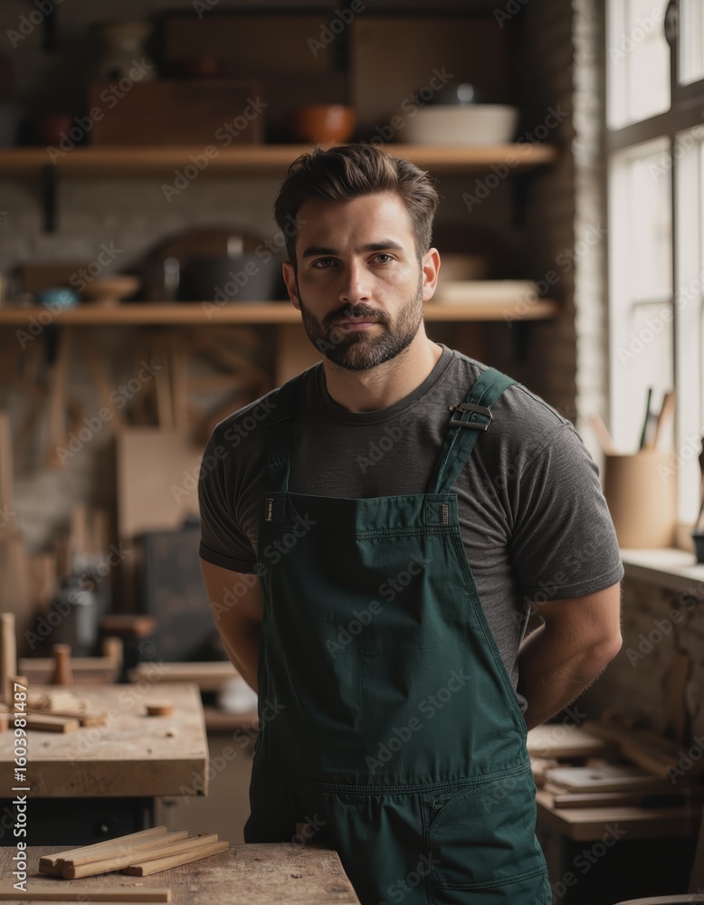 Obraz premium Craftsman in green overalls standing confidently in a woodworking shop