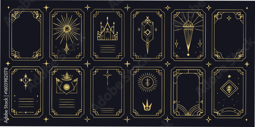 A collection of intricate ornate gold framed elements with stars and detailed illustrations for decorative design and aesthetic appeal.