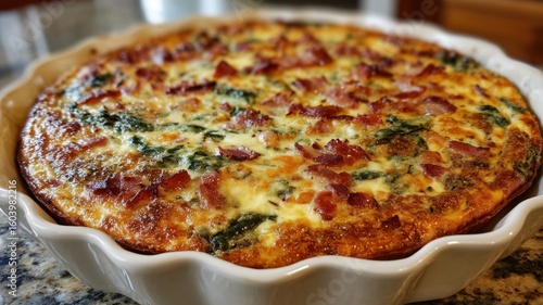 Delicious keto crustless quiche loaded with bacon, cheese and spinach ready to serve