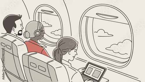 People enjoying a flight while working, looking out the airplane window at clouds during daytime travel