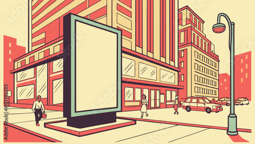 Urban street with a large blank billboard at sunset, showcasing architecture and city life in a vibrant downtown area