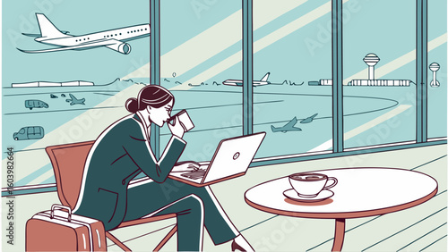 Business traveler working on a laptop in an airport lounge while enjoying coffee and observing planes