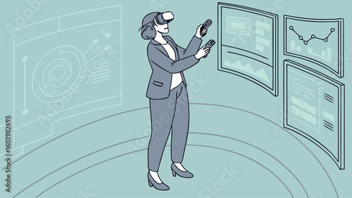 Virtual reality user engages with data visualization in an immersive environment during a modern tech demonstration