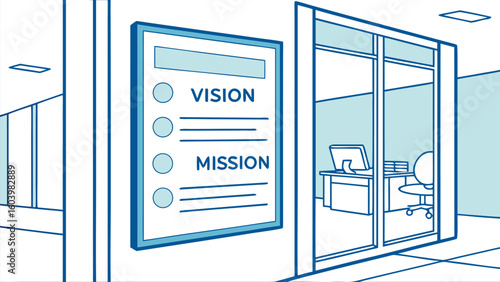 Vision and mission statement display in a modern office corridor during working hours