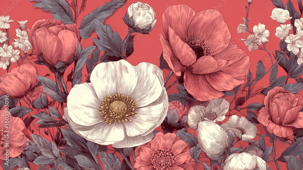 custom made wallpaper toronto digitalfloral bakground or wallpaper with bouquet of various flowers. botanical foliage for wedding invitation or wall art. vector illustration. luxury inked