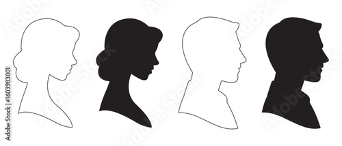 Male & Female Face Silhouette Set. Outline and Filled Profiles for Psychological Tests, Branding, and Gender Studies.