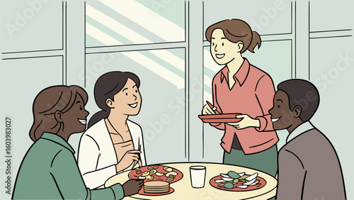Group of friends enjoying a meal together in a bright, modern cafe during lunchtime with a friendly server