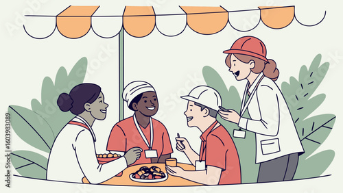 Group of people enjoying a meal outdoors under a tent in a casual gathering atmosphere during a sunny day