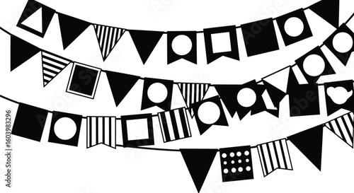 Black and white bunting flags create a festive garland, perfect for celebrations, parties, or decorative design elements with geometric shapes and playful patterns.