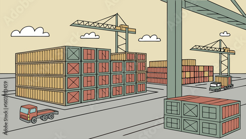 Busy shipping yard with trucks and cranes during daytime