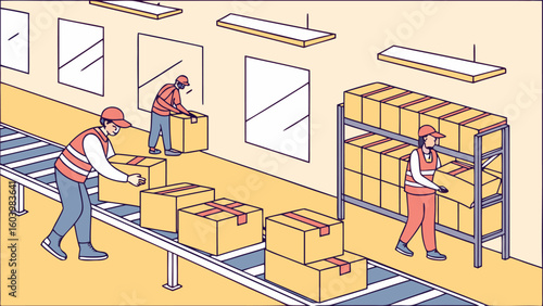 Workers sorting and handling packages in a warehouse during the day to ensure efficient shipping and delivery processes