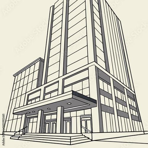 Sketch vector illustration of modern glass office building architecture with urban city skyline and sky