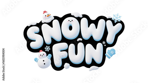 A delightful and fun 3D text design for Snowy Fun, featuring cute snowmen, snowflakes, and snow for the winter holiday season.