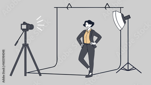 Photo shoot setup with a confident model posing in a studio during daylight hours