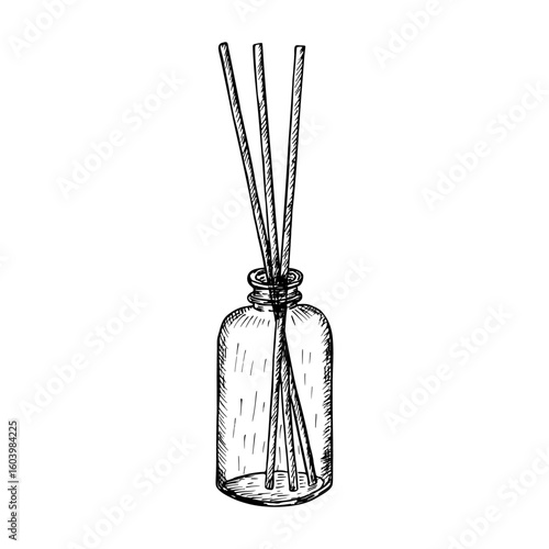 Aroma sticks diffuser in glass bottle sketch drawing. Aromatherapy, spa, meditation concept. Home fragrance with essential oils - hand-drawn outline illustration. Vector line art clipart, isolated