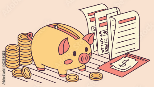 Importance of saving money illustrated by a piggy bank surrounded by bills and coins