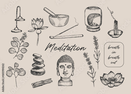 Buddha sculpture, palo santo, lotus, eucalyptus, singing bowl elements for meditation and relaxation. Sketch drawing illustration set. Hand-drawn line art illustration in engraving style