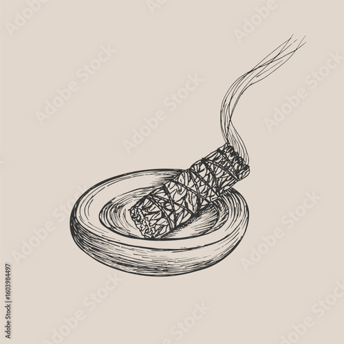 Smudge stick incense sketch drawing. Smoldering herbs for fumigation illustration in engraving style. Hand drawn vector line art clipart