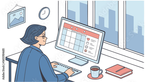 Person working on a computer with a calendar and coffee in an office setting during the daytime with a city view