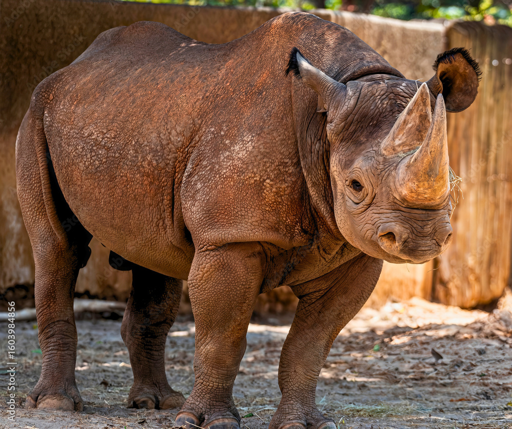 Fototapeta premium Black Rhinoceros Standing Strong in Zoo Habitat